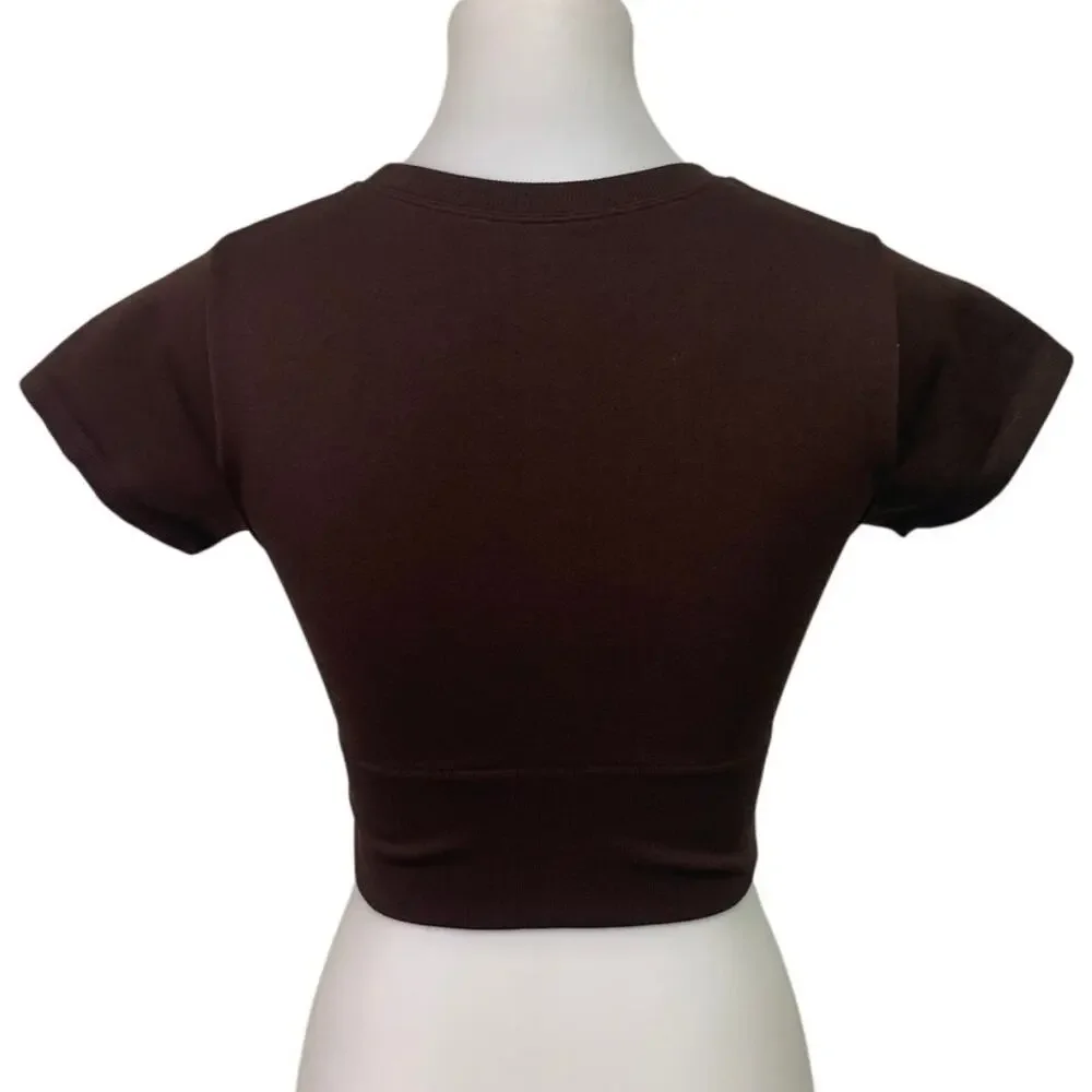 New OFFLINE By Aerie Womens Small Brown Sidewalk Seamless Cropped T-Shirt Tee - Picture 4 of 7